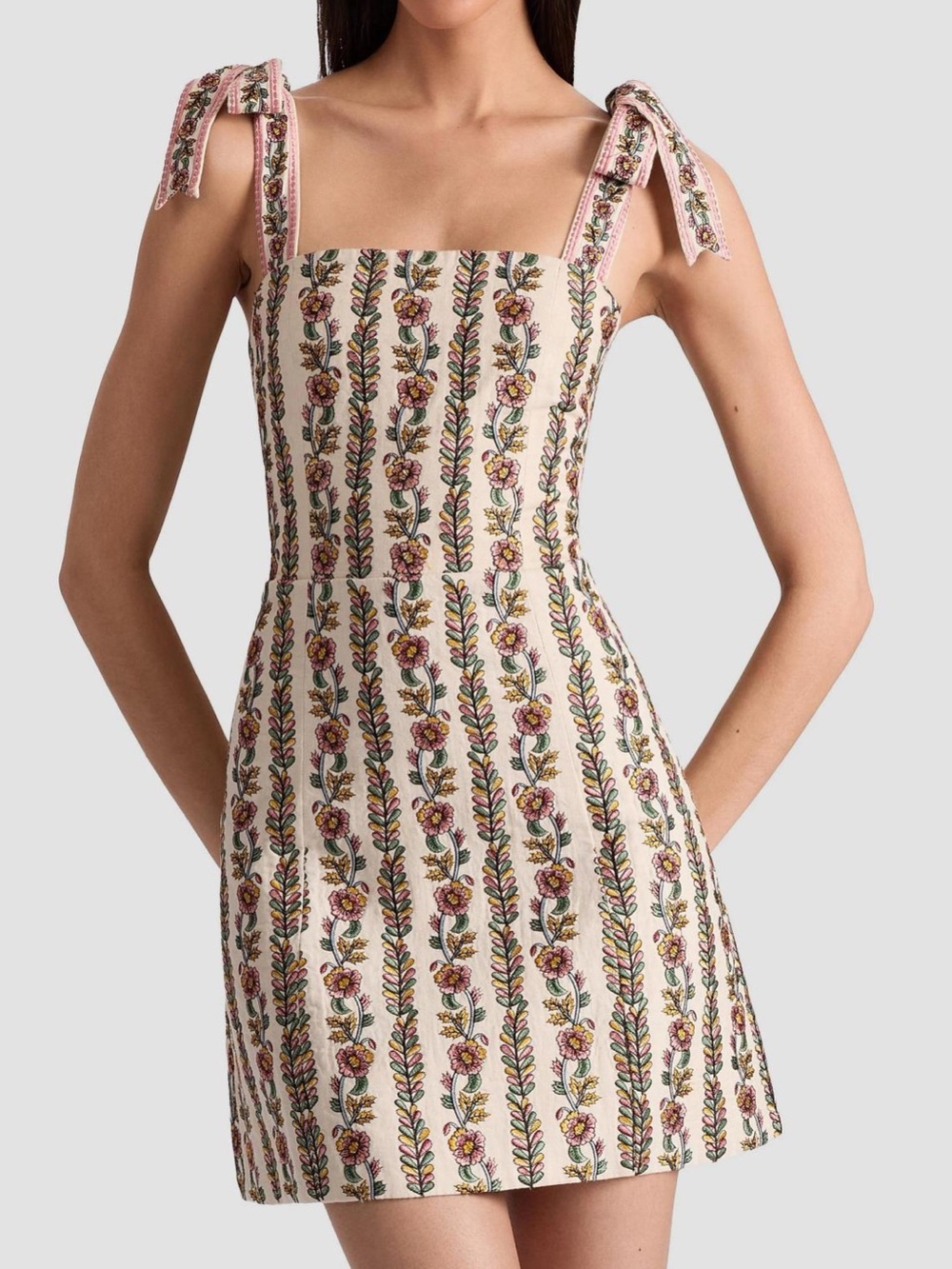 Alice + Olivia Cream Floral Tie-Shoulder Mini Dress
